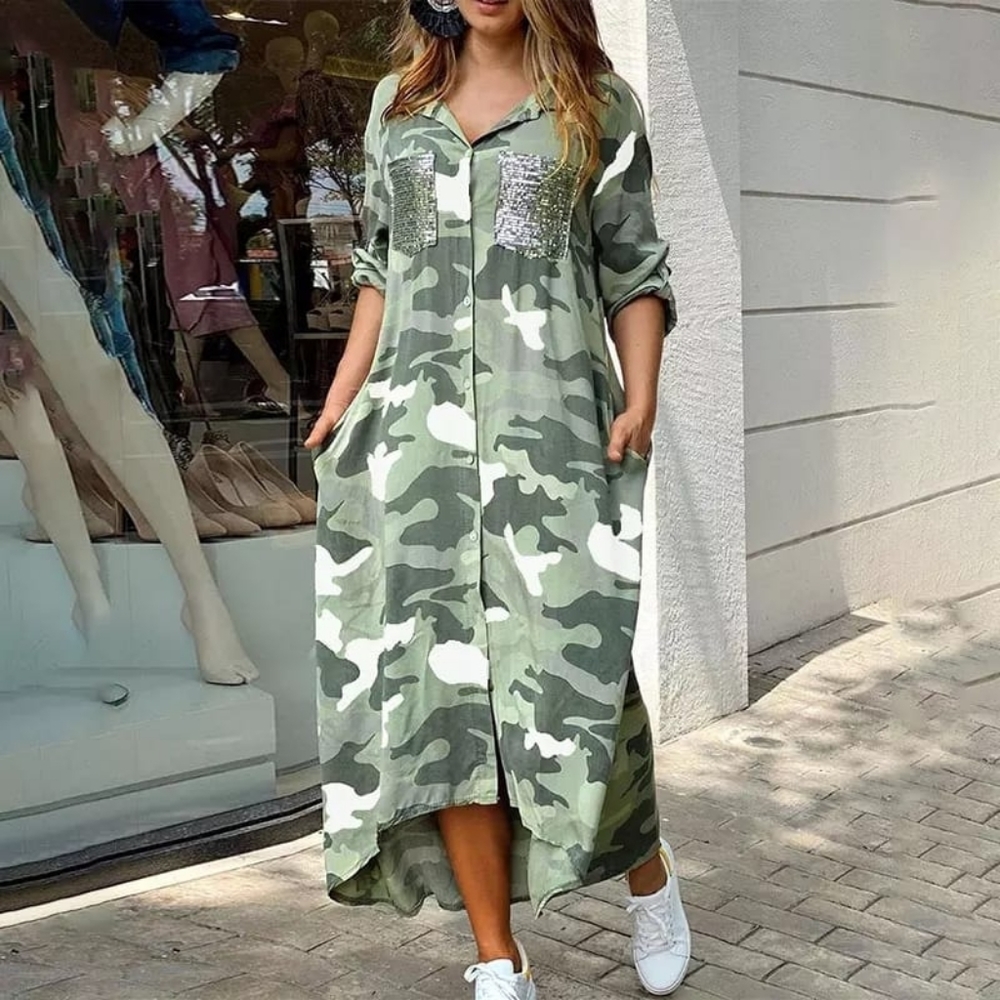 Camouflage Print Sequins Pocket Design Maxi Dress